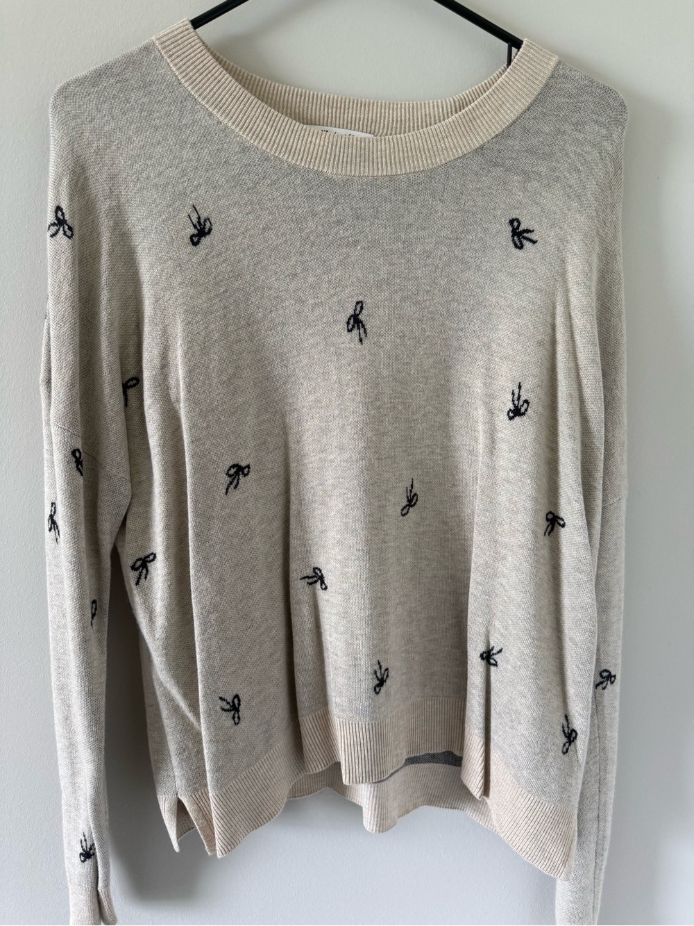 Madewell Beige Crewneck Sweater with black Bow Embroidery
